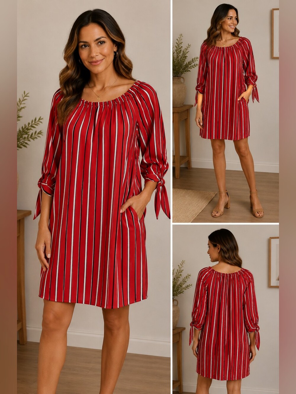 Seven Islands Red Stripe Peasant Dress Size 1X Boho Tie Sleeve Shift Dress